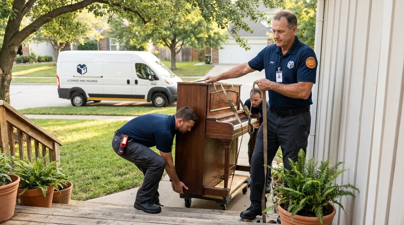 Licensed piano movers securing grand piano in Belleville, PA