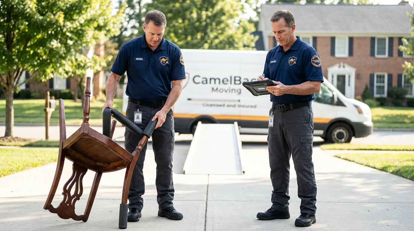 Movers inspecting furniture for damage prevention before loading in Belleville, PA