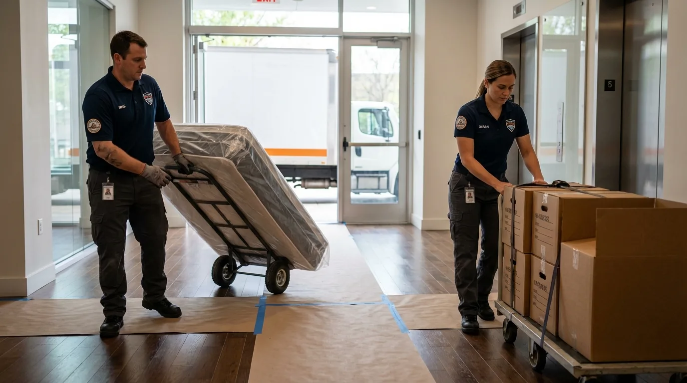 Professional apartment movers loading elevator in Belleville, PA