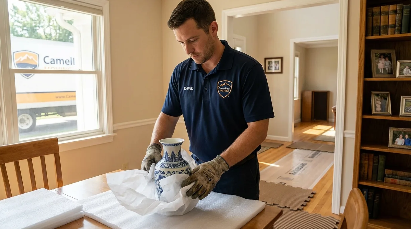 Professional crew carefully wrapping antique vase for senior downsizing move in Belleville, PA